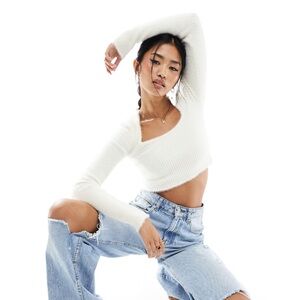Bershka fluffy knit square neck top in white